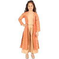 Jbn Creation Girls' Orange And Gold Brocade Cotton Silk Crop Top, Pallazo And Shrug Set_Jbngco001Or_4-5Y