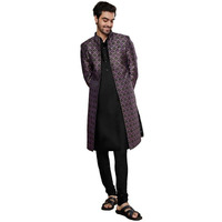 Kisah Men's Kurta Sherwani Churidar Set Indo-Western, Purple Silk Blend, Woven Design Regular Fit Mandarin Collar Long Sleeves|44