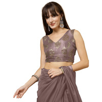 Oomph! Women's Indian Ethnic Wear Designer Big Paisley Pattern Zari Work V Neck Sleeveless Sandcastle Beige Color Brocade Readymade Blouse For Saree Or Lehnga And Fusion Twist. L