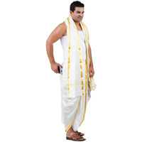 Prakasam Cotton Mens Asha (Polyester Blended) White Colour Panchakacham (Ready To Wear) Dhoti & Towel Set With Pocket (50K)