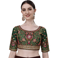 Pujia Mills Women's Heavy Multi Codding Embroidery With Diamond Work Half Sleeve Green Trendy Blouse(Heer Green_38)