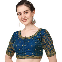 Pujia Mills Women's Cobra Silk Embroidery Coding Stone Work Half Sleeve Saree Blouse