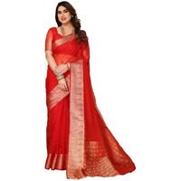 Satrani Women's Organza Woven Zari Patta In Pallu & Jacquard Border Saree With Unstitched Blouse Piece (3276S251Na_Red3)