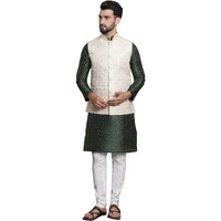 Sojanya (Since 1958 Men's Silk Blend Navy Blue Kurta And Off-White Pyjama With Cream Nehru Jacket
