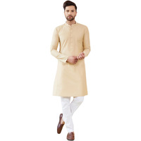 See Designs Full Sleeve Side Slit Cream Cotton Solid Straight Mandarin Collar Kurta With Pyjama - Sdkt241201Xs