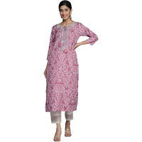 Varanga Women Purple Bandhani Print Yoke Embroidered Kurta With 3/4 Sleeves And White Palazzo Pants (Medium)