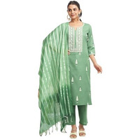 Sanisa Women's Cotton Blend Printed With Sequence And Embroidery Work Straight Kurta With Pant And Dupatta Set (198Kbd2102N-Xl_Pista Green)