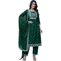 Sanisa Women's Chinnon Pigment & Foil Printed Anarkali Kurta With Pant And Dupatta Set (66Kbd757N-L_Dark Green)