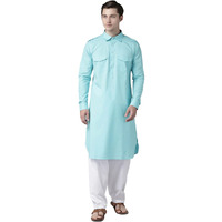 See Designs Men's Solid Cotton Curved Hemline With Shirt Collar Sea Green Full Sleeve Pathani Kurta With Salwar - Sdkt607S