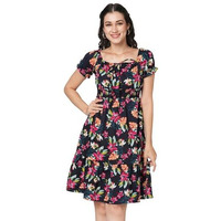 Selvia Western Dress For Women|Crepe Dress For Women|Fit & Flare Dress|Floral Printed Dress For Women|One Piece Dress For Women (737Dtk8007N-M_Navy Blue And Multi)