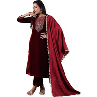 Ishin Women's Velvet Yoke Design Zari Maroon Straight Kurta Suit Set With Trousers & Dupatta