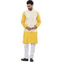 Sojanya (Since 1958 Men's Cotton Foil Printed Mustard Kurta And White Pyjama With Cream Nehru Jacket