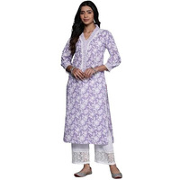 Varanga Women Floral Printed V-Neck With Lace Detail Kurta Lavender