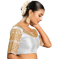 Vihu Fashion Women's Heavy Embroidery Coding With Sequins Work Half Sleeves Fancy Readymade Saree Blouse(Chamak White_38)