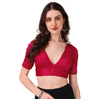 Womanista Women's Dupion Silk Solid Short Sleeve Regular Fit V Neck Blouse (Bl_68_Pink L)