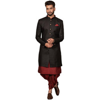 Kisah Men's Kurta Sherwani Dhoti Set Indo-Western, Black Cotton Blend, Solid Long Sleeves Regular Fit Mandarin Collar (Small)