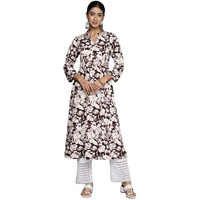 Varanga Brown Floral Printed Mandarin Collar With Slit, Three Quarter Sleeves, Empire Line Gather Detail A-Line Kurta With Side Slits