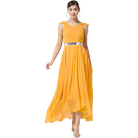 Miss Chase Women's Mustard V-Neck Ruffled Sleeve Solid Maxi Dress (Mcaw21D06-17-183-02, Mustard, Xs)
