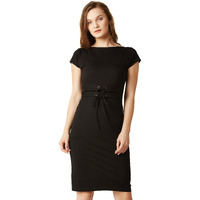 Miss Chase Women's Super Soft Boat Neck Cap Sleeves Solid Deep V-Back Corset Belt Tie-Up Mini Shift Dress | 2 Colors(Mcaw17D09-59-62-05, Black, Large)