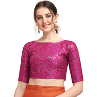 Oomph! Women's Indian Ethnic Wear Designer Twist Leaf Pattern Zari Work Boat Neck Half Sleeve Pink Color Jacquard Readymade Blouse For Saree Or Lehnga And Fusion Twist. L
