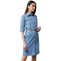 Dolce Crudo Women's Blue Polo Neck Denim Solid A-Line Mini Dress(Doaw18Den04-22-115-06,Blue,X-Large)