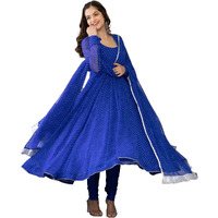 Fashion Basket Floral Print Anarkali Kurta With Pant And Dupatta Black (S, Blue)