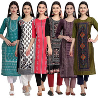Pinkmint Elegant Printed Crepe Kurti's For Women's Ll Fashionable Kurti Ll Stright Round Neck Kurti (Pack Of 6)