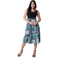 Popwings Casual Boho Printed And Solid Peplum Dress For Women | Summer Dresses For Women | Sleeveless Women Dresses | Round-Neck Knee-Length Fit And Flare Stylish Latest Dresses For Women Green
