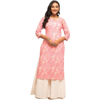 Fiorra Women's Floral Printed Peach Cotton Straight Kurta Far0110