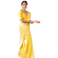 Flosive Women's Kanjivaram Silk Saree With Beautiful Blouse With Zari Border (Yellow)