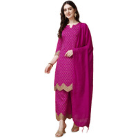 Pratham Blue Kurta Set For Women Silk Embroidered Straight Kurta Set For Women With Palazzos And Dupatta (Pb-6089-M_Pink)