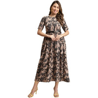 Preneum Women's Georgette Floral Printed 3/4 Slevees A-Line Fit & Flare Gown With Beltindo-Western Ethnic Gown || A-Line Maxi Dress Casual Wear || Fit & Flare Flared Hem Design, Black, Xl