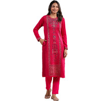 Ishin Women's Pink Jacquard Style Ethnic Motifs Straight Winterwear Kurta