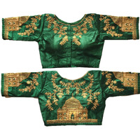 Pujia Mills Women's Multicolor Embroidery Work Taj Mahal Khatli Work Phantom Silk Readymade Saree Half Sleeve Blouse (Mum Taj Blouse_Dark Green 38)