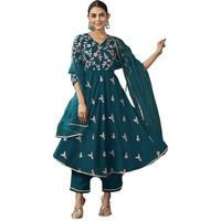 Sanisa Women's Chinnon Sequins And Embroidery Work Anarkali Kurta With Pant And Dupatta Set (195Kbd2071N-S_Rama Blue)