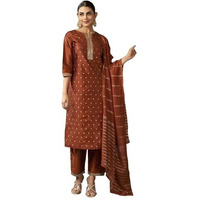 Sanisa Women's Taffeta Jacquard Work Straight Kurta With Pant And Dupatta Set (215Kbd2272Nr-Xl_Rust & Golden)