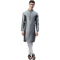 Jompers Men's Collar Embroidered Silk Jacquard Kurta Pyjama Set (Grey, S)