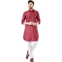 See Designs Men Red Cotton Solid Spread Collar Curved Hem Side Slit Full Sleeve Pathani Kurta With Pyjama - Bnrskt62001L