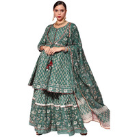 Ishin Women's Cotton Anarkali Embroidered Kurta Suit Set With Dupatta & Sharara Kpldpm-19075_Xxl_Green
