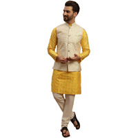 Sojanya (Since 1958 Men's Silk Blend Mustard Kurta And Cream Pyjama With Cream Embroidery Nehru Jacket