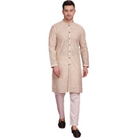 Jompers Men's Sequin Chikankari Front Open Kurta With Pyjamas (Golden, Xxl)