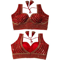 Vihu Fashion Women's Readymade Blouse Embroidery Multi Coding Gold Thread Indian Ethnic Designer Stitched Readymade Saree Sleeveless Red Blouse For Women For Saree Lehenga Choli
