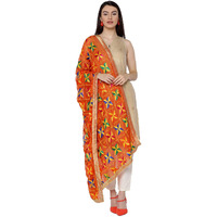 Weavers Villa Punjabi Hand Embroided Phulkari Faux Chiffon Orange Dupattas, 2.25 Mtrs