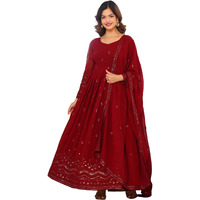Fashion Basket Women's Georgette Anarkali Lond Dress With Duptta Maroon
