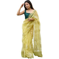 Flosive Women's Yellow Organza Floral Digital Printed Saree With Blouse