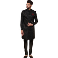 Kisah Men's Indo-Western Sherwani Churidar Set, Black Silk Blend, Jacquard Regular Fit Mandarin Collar Long Sleeves (Xl)