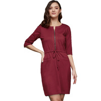 Miss Chase Women's Round Neck 3/4 Sleeves Cotton Solid Mini Shift Dress (Mcaw23D98-81-143-02, Maroon, Xs)