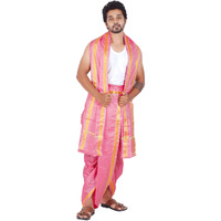 Prakasam Cotton- Asha Pattu (Art Silk) 9X5 Pink Colour Panchakacham (Dhoti & Angavastram) Set