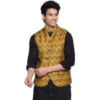 Fabindia Men's Yellow Viscose Silk Slim Fit Printed Nehru Jacket (102589001_Mango
