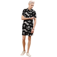 Rigo Printed Co-Ord Set For Men | Casual Shirt & Shorts Night Suit | Lounge-Wear Nightdress Shorts Set | Beach, Vacation Outfit Black M